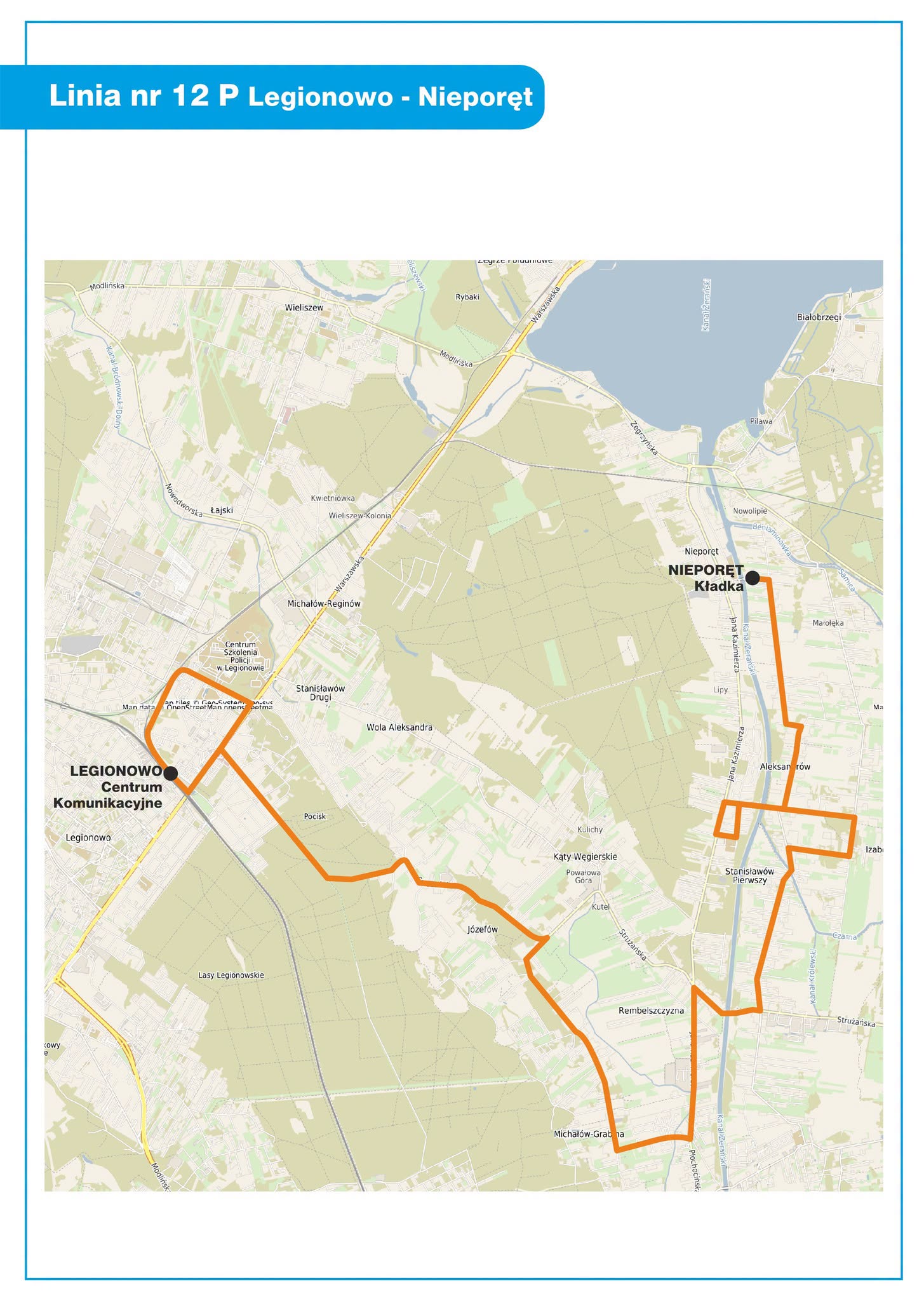 mapa trasy Nieporęt-Legionowo z zaznaczoną trasą 