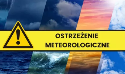Grafika do komunikatu z ostrzeżeniami meteorologicznymi, na grafice chmury i słońce, 
